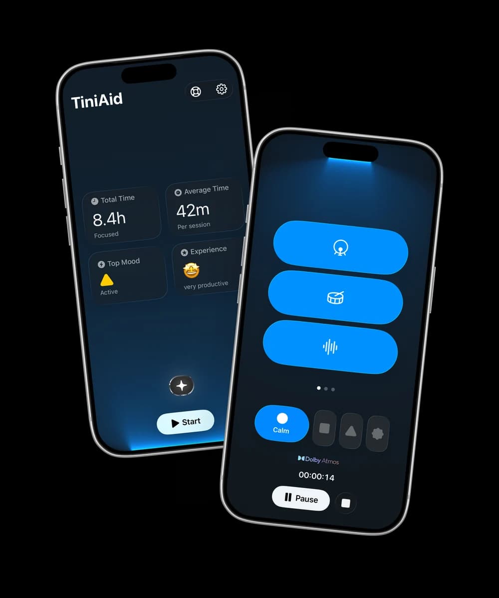 TiniAid mobile application mockup showing techno-inspired focus soundscapes